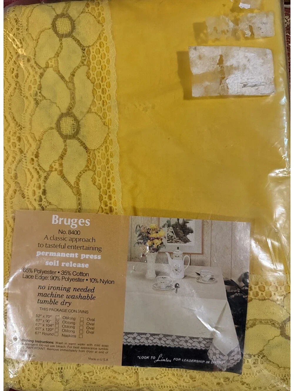 Vtg Lintex Bruges Tablecloth 67x104 Oblong Yellow Lace Permanent Press NOS NIP